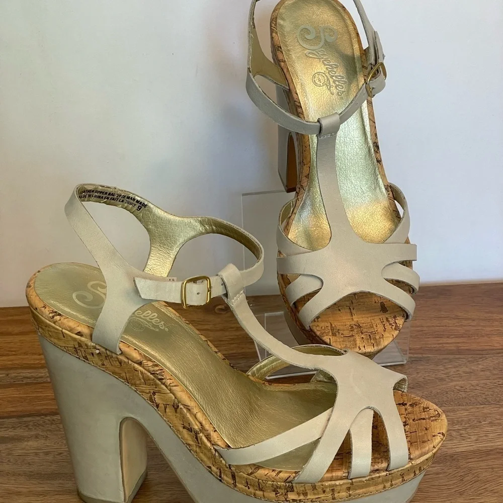 Seychelles Leather Cork T-Strap Platform Heel Strappy Sandals Taupe Off White‎ 9